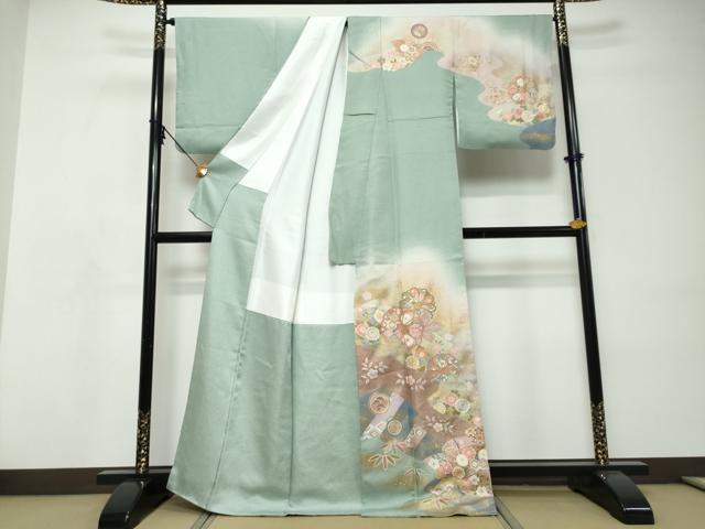 平和屋着物●訪問着 駒刺繍 地紙草花文 暈し染め 金彩 正絹 逸品 DABI9136ud