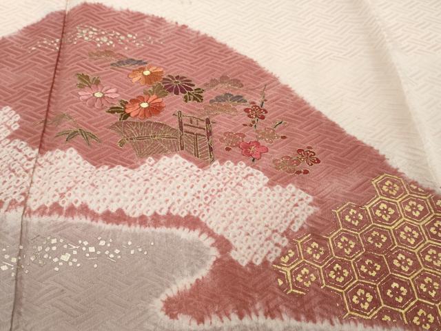 平和屋着物●訪問着 絞り 刺繍 草花籬文 金彩 正絹 逸品 DABI9137ud