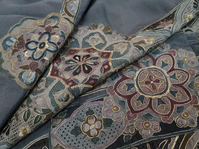 平和屋着物●中国三大刺繍 スワトウ刺繍 汕頭刺繍 訪問着 横段吉祥草花文 金糸 正絹 逸品 DABI9145ud