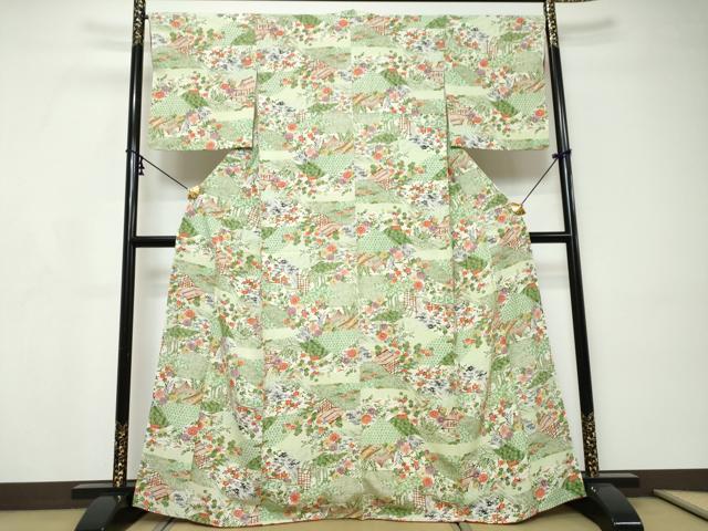 平和屋着物●上質な小紋 型染め 風景草花文 正絹 逸品 未使用 DABI9149ud