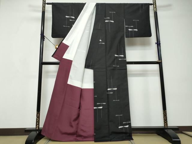 平和屋着物●上質な紬 竹とんぼ 黒地 正絹 逸品 DABI9182ud