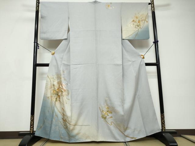平和屋着物●訪問着 駒刺繍 飛鶴草花文 暈し染め 金彩 正絹 逸品 DABI9217ud