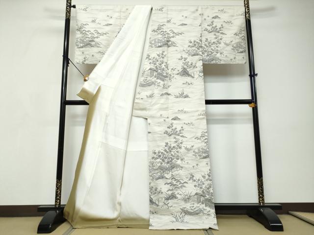 平和屋着物●二代目 川村久太郎 訪問着 結城紬 草木染 小舟風景草花文 証紙付き 正絹 逸品 DABI9264ud