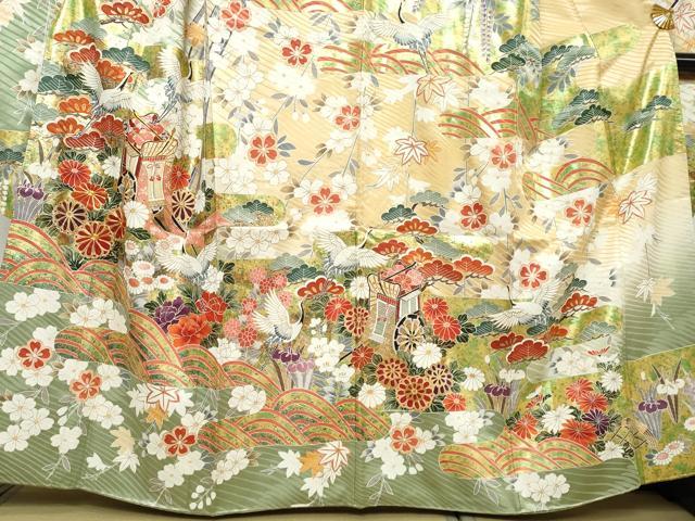 平和屋着物●豪華振袖 駒刺繍 飛鶴御所車草花文 金彩 正絹 逸品 DABI9310ud