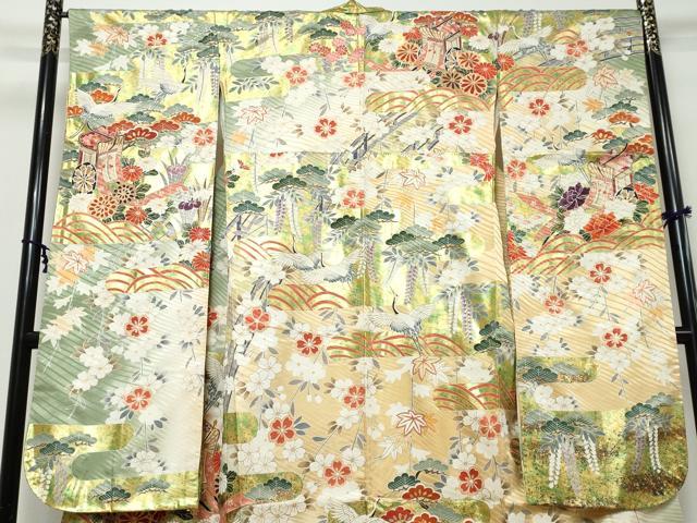 平和屋着物●豪華振袖 駒刺繍 飛鶴御所車草花文 金彩 正絹 逸品 DABI9310ud