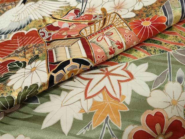 平和屋着物●豪華振袖 駒刺繍 飛鶴御所車草花文 金彩 正絹 逸品 DABI9310ud