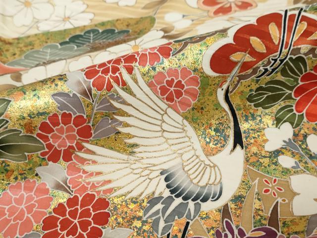 平和屋着物●豪華振袖 駒刺繍 飛鶴御所車草花文 金彩 正絹 逸品 DABI9310ud