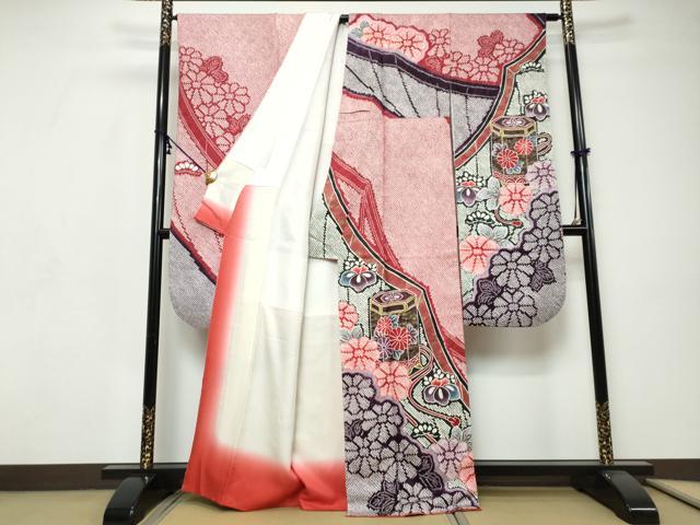 平和屋着物●豪華振袖 総絞り 貝桶草花文 金彩 正絹 逸品 DABI9311ud