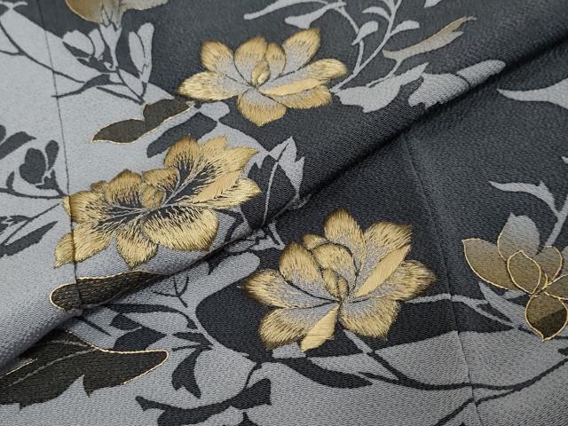 平和屋着物●訪問着 刺繍 枝花文 シルエット 金彩 鬼しぼ縮緬 やまと誂製 ロング丈 正絹 逸品 DABI9323ud