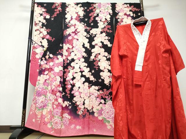 平和屋着物●豪華振袖・長襦袢セット(袷)駒刺繍 草花文 暈し染め 黒地 銀通し地 京都きもの友禅扱い 半衿刺繍 正絹 逸品 DABI9352ud
