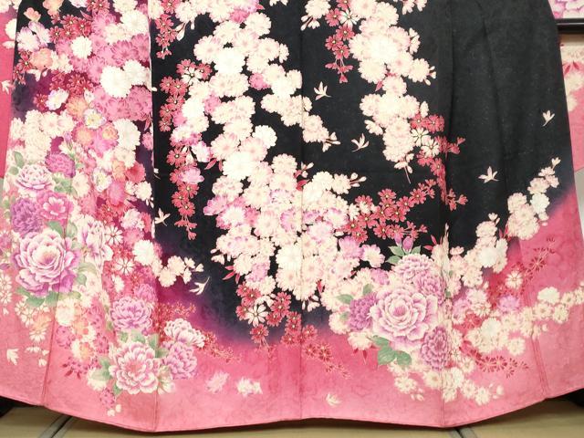 平和屋着物●豪華振袖・長襦袢セット(袷)駒刺繍 草花文 暈し染め 黒地 銀通し地 京都きもの友禅扱い 半衿刺繍 正絹 逸品 DABI9352ud