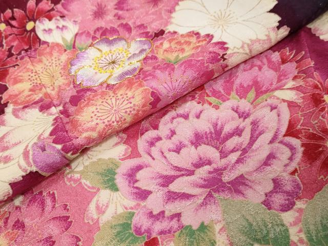 平和屋着物●豪華振袖・長襦袢セット(袷)駒刺繍 草花文 暈し染め 黒地 銀通し地 京都きもの友禅扱い 半衿刺繍 正絹 逸品 DABI9352ud
