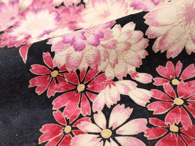 平和屋着物●豪華振袖・長襦袢セット(袷)駒刺繍 草花文 暈し染め 黒地 銀通し地 京都きもの友禅扱い 半衿刺繍 正絹 逸品 DABI9352ud