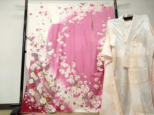 平和屋着物●豪華振袖・長襦袢セット(無双仕立て) 熨斗草花文 暈し染め 金彩 京都きもの友禅扱い 半衿刺繍 正絹 逸品 DABI9355ud