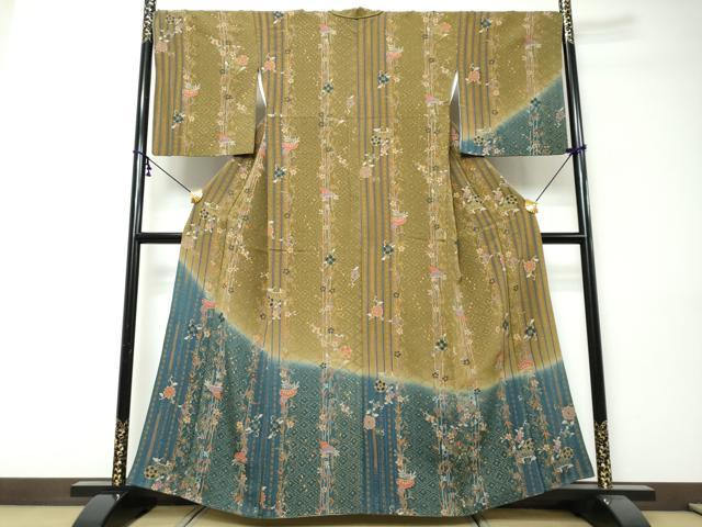 平和屋着物●訪問着 草花文 暈し染め 金彩 鬼しぼ縮緬 正絹 逸品 DABI9364ud