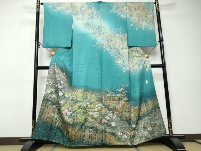 平和屋着物●訪問着 作家物 刺繍 流水草花文 金彩 金通し地 正絹 逸品 DABI9369ud