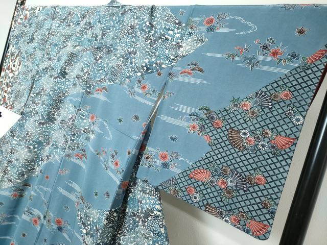 平和屋着物●江戸紅型 五味桂子 訪問着 型染め 扇面飛鶴草花文 正絹 逸品 DABI9398ud