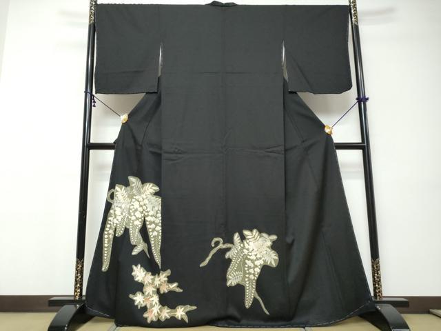 平和屋着物●色留訪問着 下がり藤 黒地 金彩 正絹 逸品 未使用 DABI9405ud