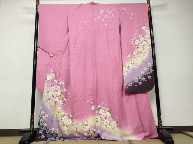 平和屋着物●豪華振袖 舞花文 暈し染め 金彩 銀通し地 正絹 逸品 DABI9448ud