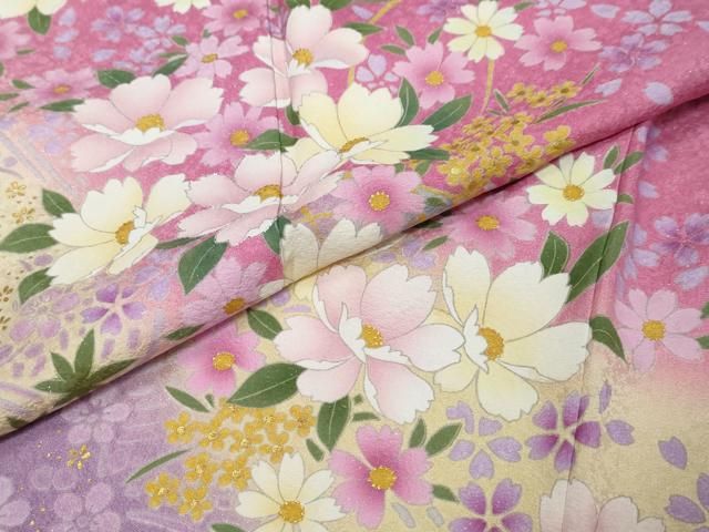 平和屋着物●豪華振袖 舞花文 暈し染め 金彩 銀通し地 正絹 逸品 DABI9448ud