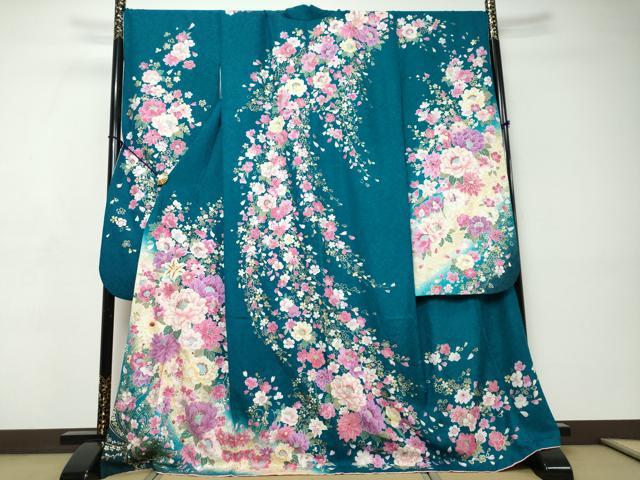 平和屋着物●豪華振袖 ラインストーン 草花文 暈し染め 金彩 銀通し地 正絹 逸品 DABI9452ud