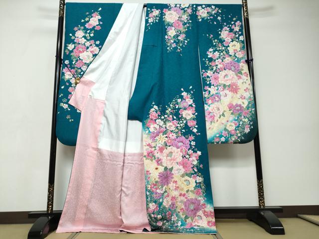 平和屋着物●豪華振袖 ラインストーン 草花文 暈し染め 金彩 銀通し地 正絹 逸品 DABI9452ud