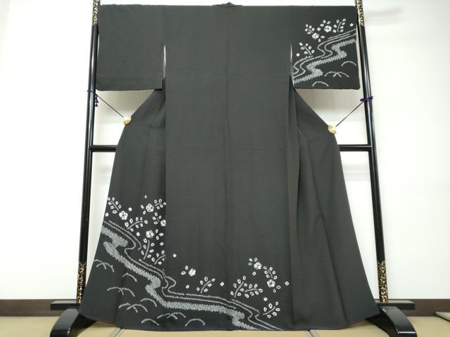 平和屋着物●訪問着 絞り 流水草花文 黒地 正絹 逸品 DABI9455ud
