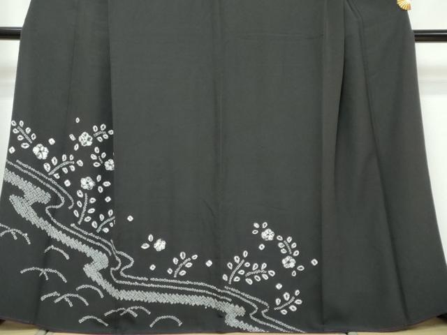 平和屋着物●訪問着 絞り 流水草花文 黒地 正絹 逸品 DABI9455ud