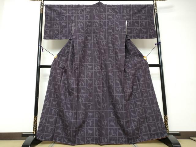 平和屋着物●結城紬 80亀甲 動物格子文 正絹 逸品 DABI9502ud