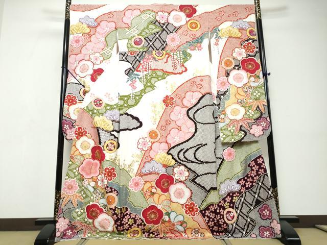 平和屋着物●中国三大刺繍 相良刺繍 振袖 駒刺繍 吉祥草花文 金彩 正絹 逸品 DABI9520ud