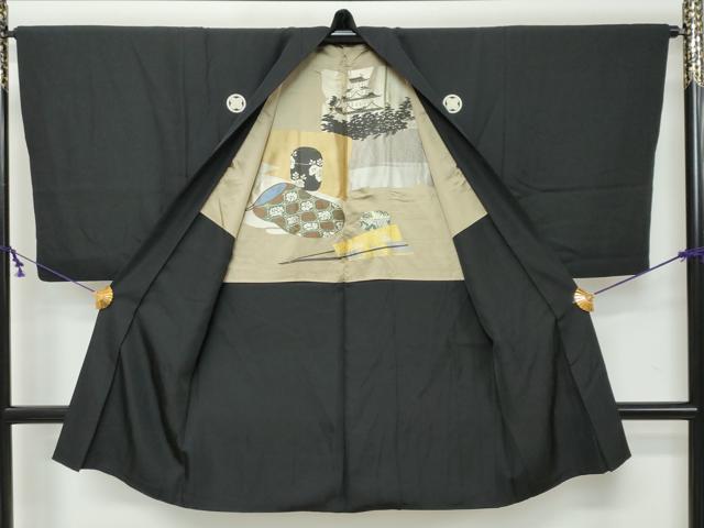 平和屋着物●男性 黒紋付 長羽織セット 羽裏:風景文 正絹 逸品 未使用 DABI9530ud