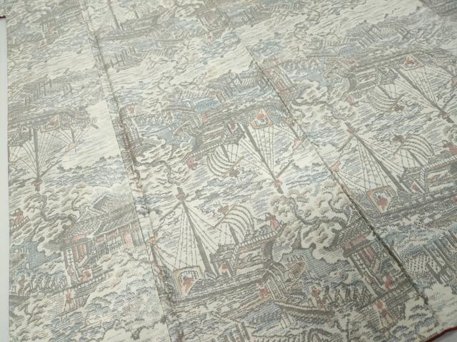 平和屋着物●上質な紬 雲取り風景文 南蛮船 正絹 逸品 DABI9533ud