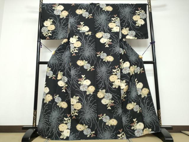 平和屋着物●小紋 草花文 黒地 洗える着物 未使用 DABI9582ud
