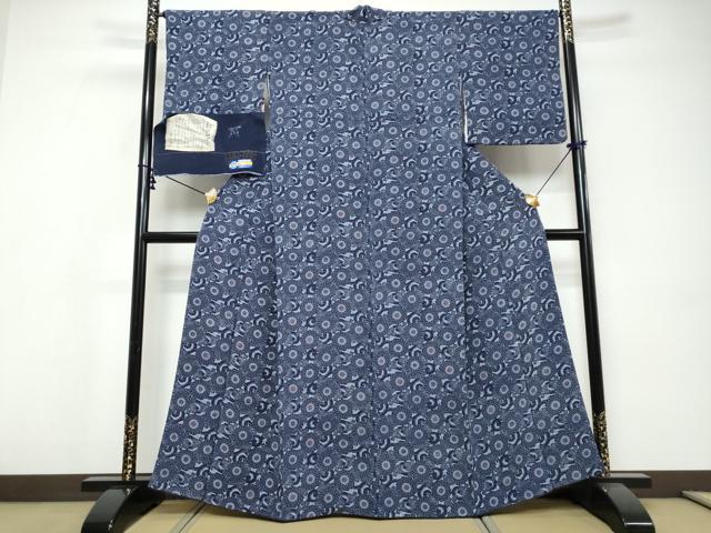 平和屋着物●上質な小紋 新藍染 菊唐草文 鬼しぼ縮緬 反端付き 正絹 逸品 DABI9585ud