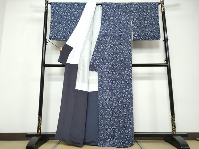 平和屋着物●上質な小紋 新藍染 菊唐草文 鬼しぼ縮緬 反端付き 正絹 逸品 DABI9585ud