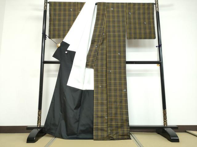平和屋着物●黒八丈 紬 玉蟲技法 蓄光技法 サンサン技法 吉野間道 反端付き 正絹 逸品 未使用 DABI9648ud