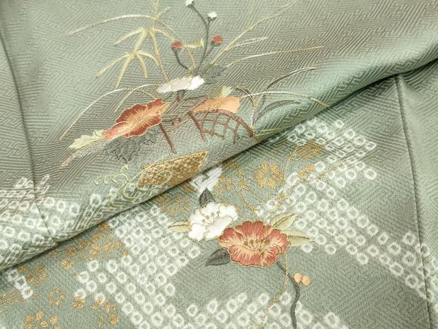 平和屋着物●訪問着 駒刺繍 絞り 道長草花文 金彩 正絹 逸品 DABI9649ud
