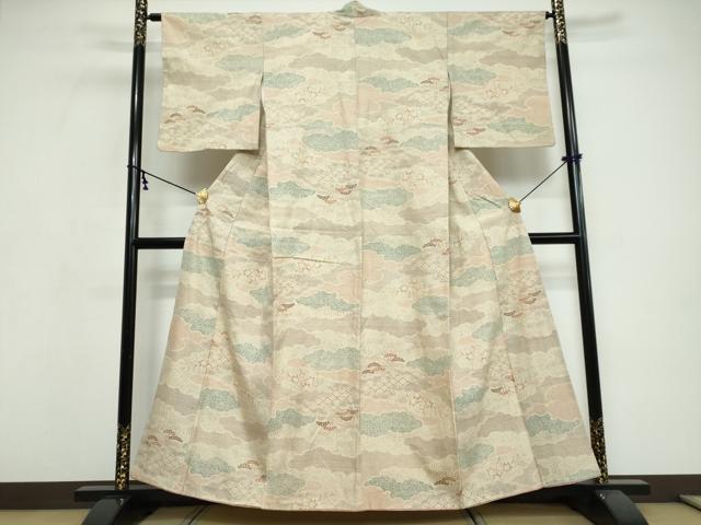 平和屋着物●小千谷紬 100亀甲 雲霞草花文 正絹 逸品 DABI9655ud