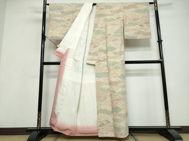 平和屋着物●小千谷紬 100亀甲 雲霞草花文 正絹 逸品 DABI9655ud