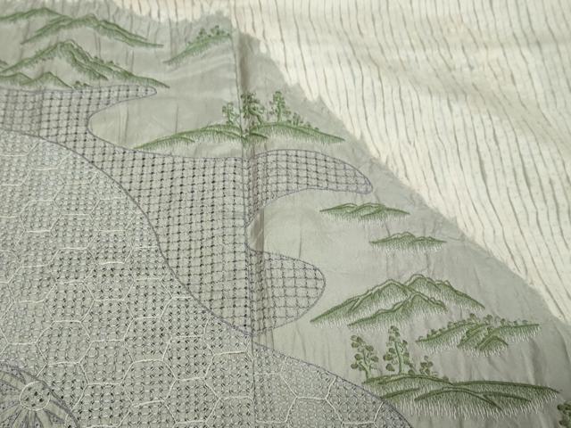 平和屋着物●中国三大刺繍 スワトウ刺繍 汕頭刺繍 総刺繍 本場縞大島紬 訪問着 杢目絞り 吉祥遠山文 正絹 逸品 DABI9668ud