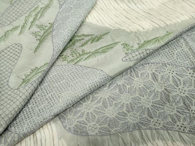 平和屋着物●中国三大刺繍 スワトウ刺繍 汕頭刺繍 総刺繍 本場縞大島紬 訪問着 杢目絞り 吉祥遠山文 正絹 逸品 DABI9668ud