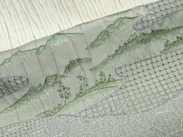 平和屋着物●中国三大刺繍 スワトウ刺繍 汕頭刺繍 総刺繍 本場縞大島紬 訪問着 杢目絞り 吉祥遠山文 正絹 逸品 DABI9668ud
