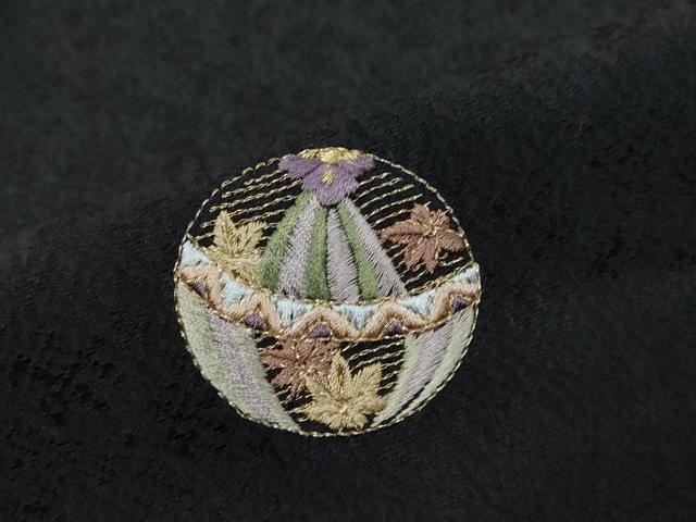 平和屋着物●訪問着 刺繍 手毬草花文 黒地 金糸 ロング丈 正絹 逸品 DABI9701ud