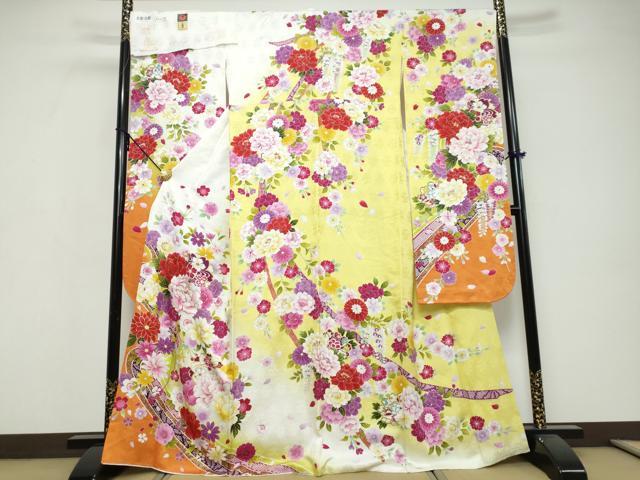 平和屋着物●豪華振袖 京友禅 熨斗草花文 暈し染め 金彩 京都きもの友禅扱い 反端付き 正絹 逸品 DABI9711ud