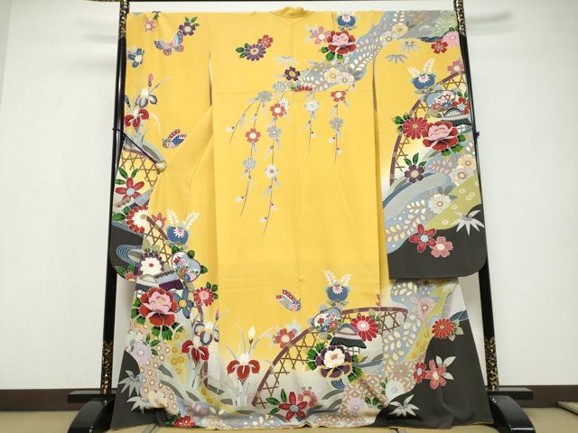 平和屋着物●豪華振袖 風景草花籬文 暈し染め 正絹 逸品 DABI9715ud