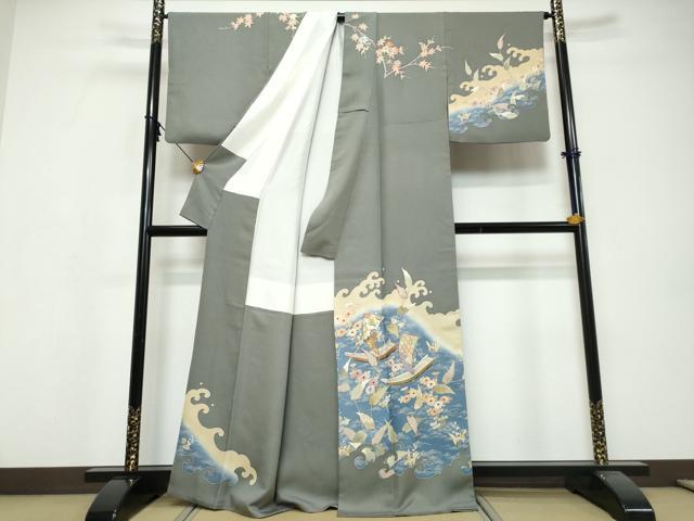 平和屋着物●訪問着 作家物 駒刺繍 小舟草花文 金彩 正絹 逸品 DABI9718ud