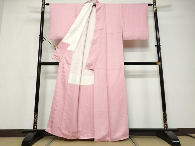 平和屋着物●上質な色無地 枝葉地紋 桃花色 正絹 逸品 DABI9783ud