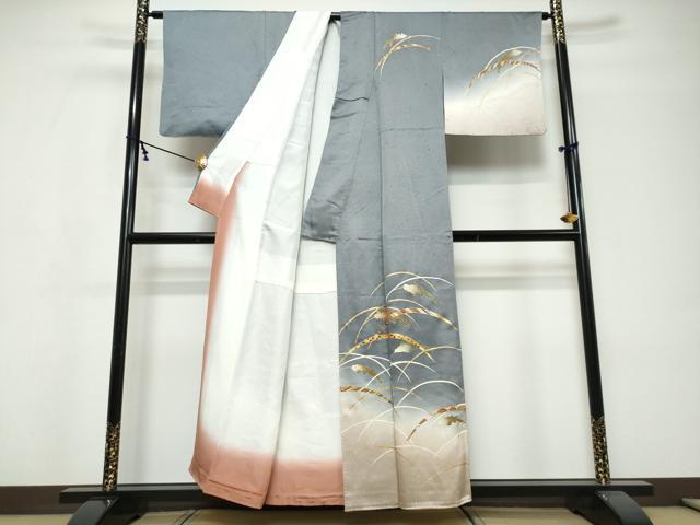 平和屋着物●訪問着 駒刺繍 雪芝稲穂文 暈し染め 金彩 正絹 逸品 DABI9797ud