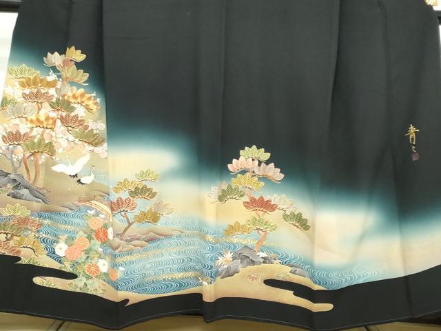 平和屋着物●京友禅の第一人者 松井青々 黒留袖 駒刺繍 双鶴流水草花文 暈し染め 金彩 正絹 逸品 DABI9823ud