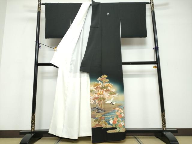 平和屋着物●京友禅の第一人者 松井青々 黒留袖 駒刺繍 双鶴流水草花文 暈し染め 金彩 正絹 逸品 DABI9823ud
